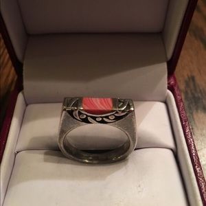 Stamped sterling silver ring with Pink enamel.